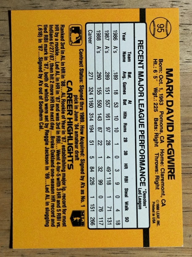 1989 Donruss #95 Mark McGwire