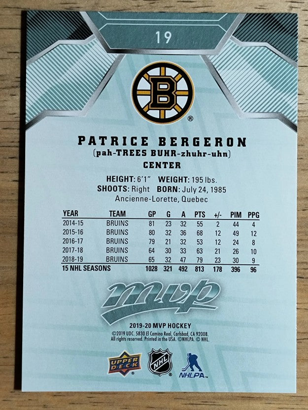 2019-20 Upper Deck MVP #19 Patrice Bergeron