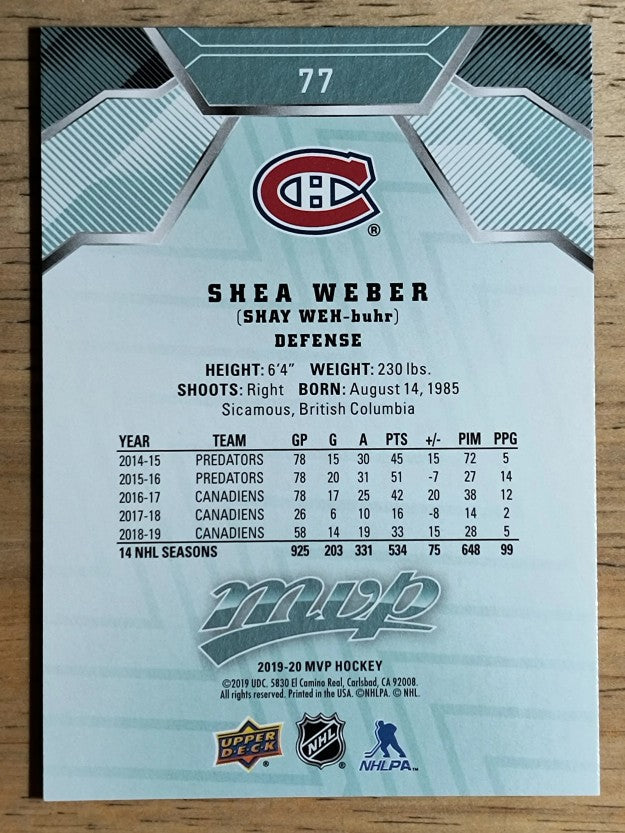 2019-20 Upper Deck MVP #77 Shea Weber