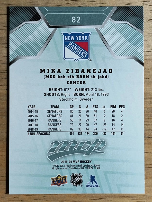 2019-20 Upper Deck MVP #82 Mika Zibanejad