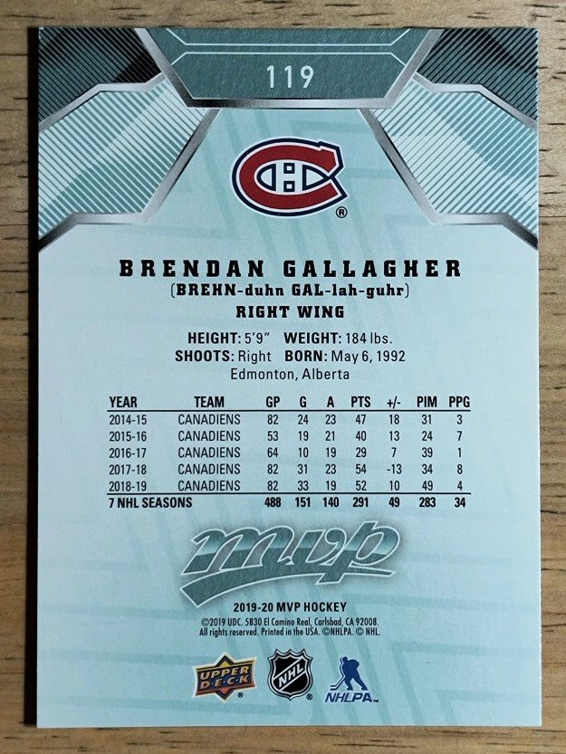 2019-20 Upper Deck MVP #119 Brendan Gallagher