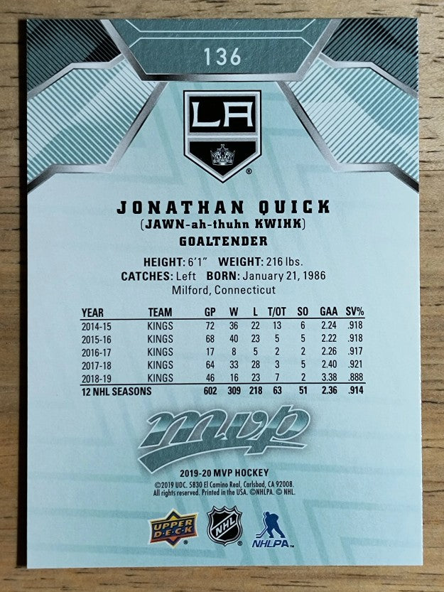 2019-20 Upper Deck MVP #136 Jonathan Quick