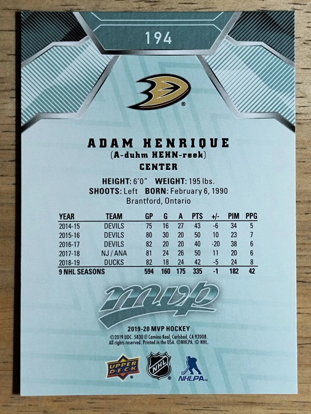 2019-20 Upper Deck MVP #194 Adam Henrique