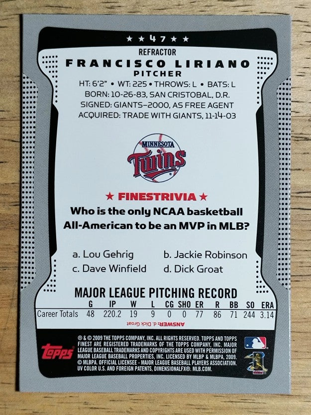 2009 Finest Refractors #47 Francisco Liriano