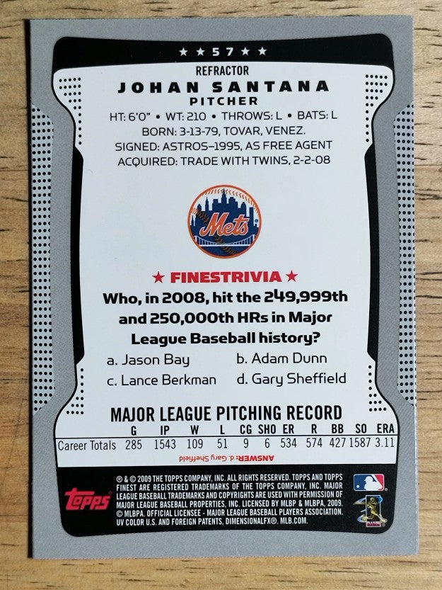 2009 Finest Refractors #57 Johan Santana (NM)
