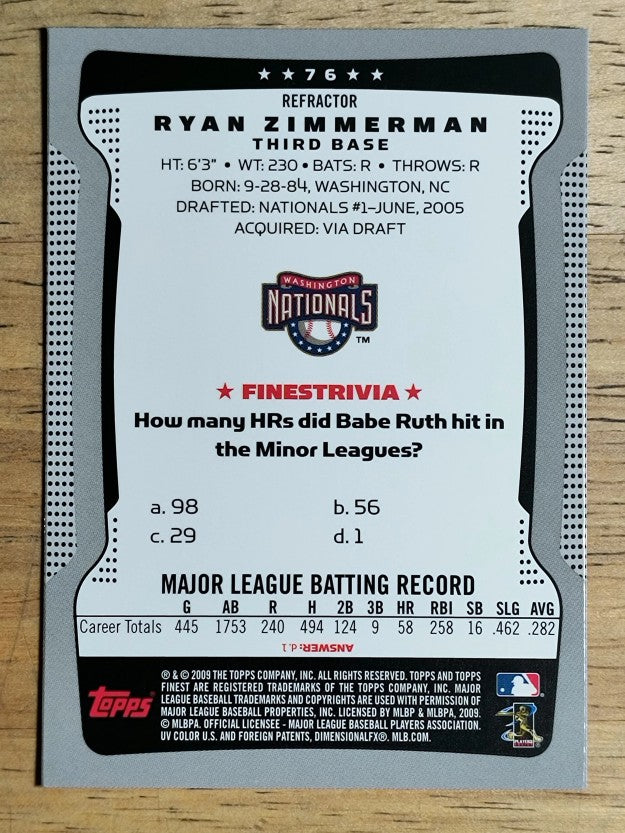 2009 Finest Refractors #76 Ryan Zimmerman