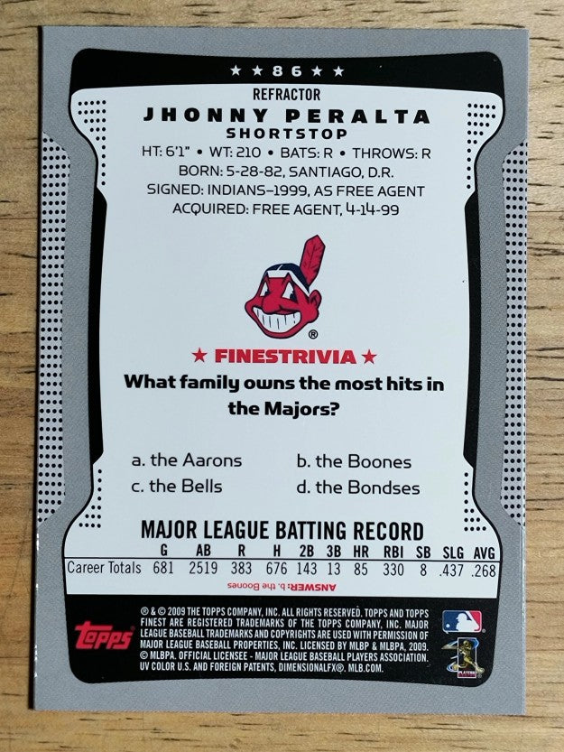 2009 Finest Refractors #86 Jhonny Peralta
