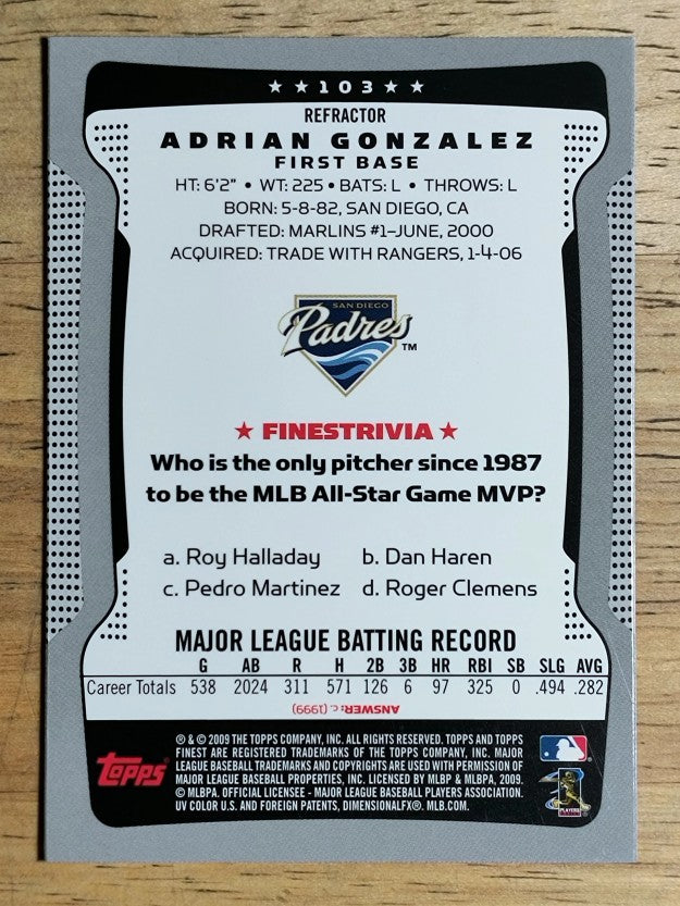 2009 Finest Refractors #103 Adrian Gonzalez