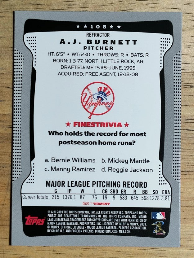 2009 Finest Refractors #108 A.J. Burnett