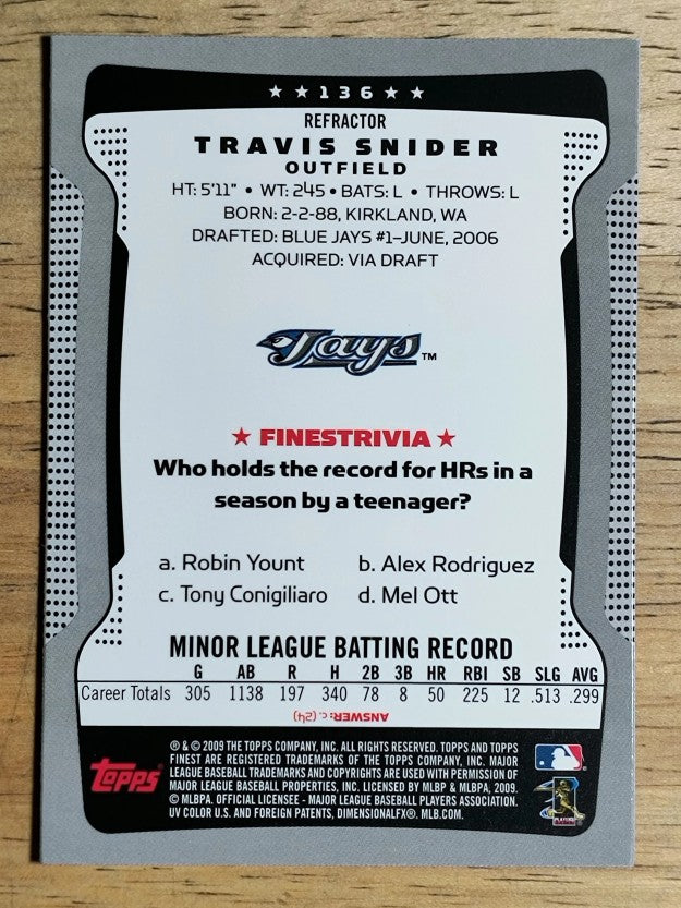 2009 Finest Refractors #136 Travis Snider