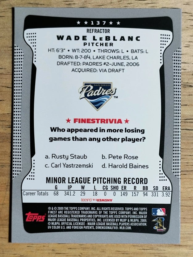 2009 Finest Refractors #137 Wade LeBlanc