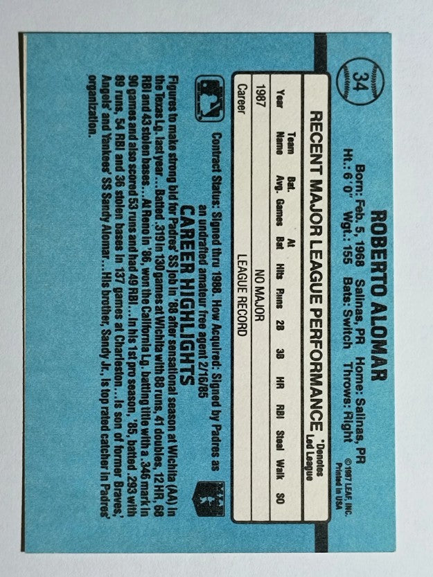 1988 Donruss #34 Roberto Alomar RC (NM)