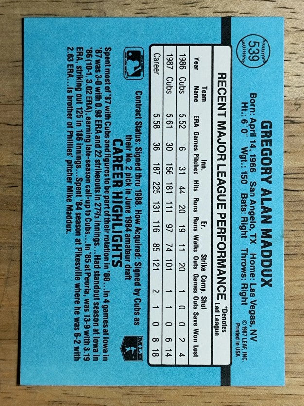 1988 Donruss #539 Greg Maddux