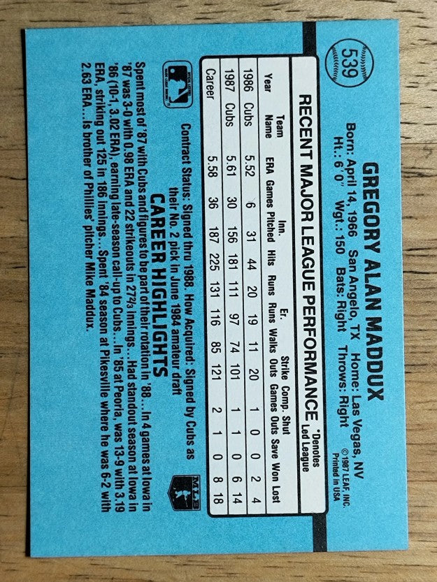 1988 Donruss #539 Greg Maddux