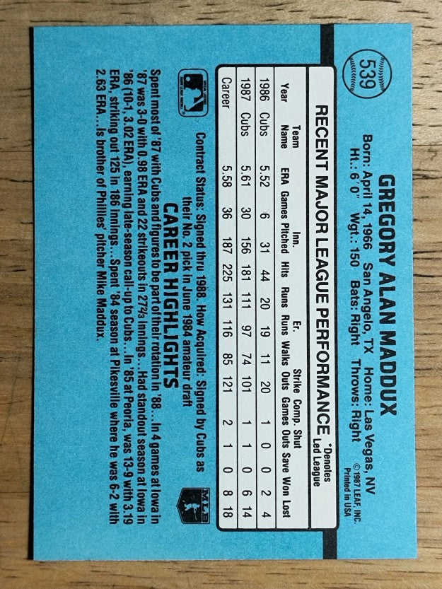 1988 Donruss #539 Greg Maddux