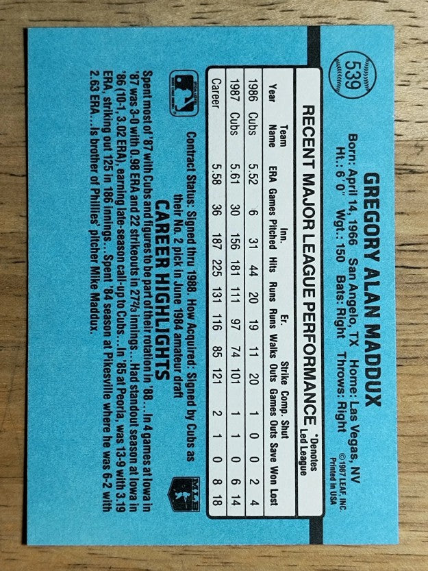 1988 Donruss #539 Greg Maddux