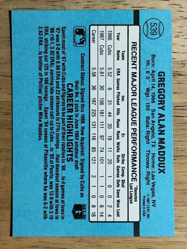1988 Donruss #539 Greg Maddux