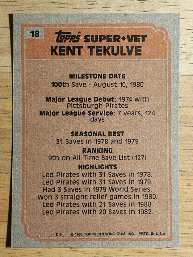 1983 Topps #18 Kent Tekulve SV