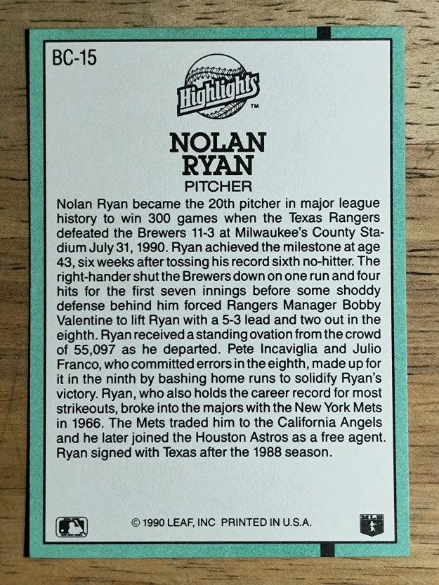 1991 Donruss Bonus Cards #BC15 Nolan Ryan 300W