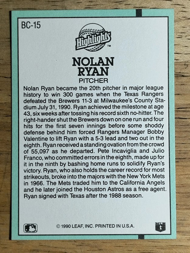 1991 Donruss Bonus Cards #BC15 Nolan Ryan 300W