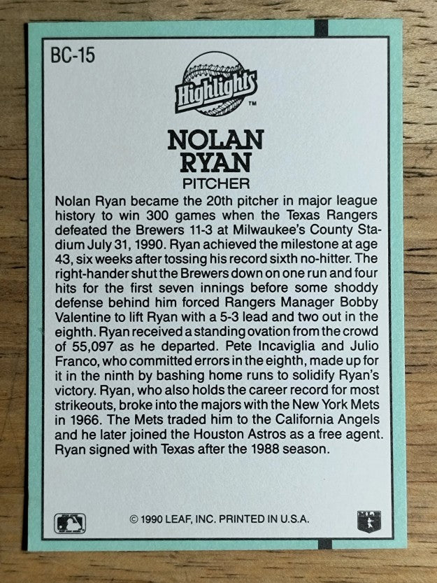 1991 Donruss Bonus Cards #BC15 Nolan Ryan 300W