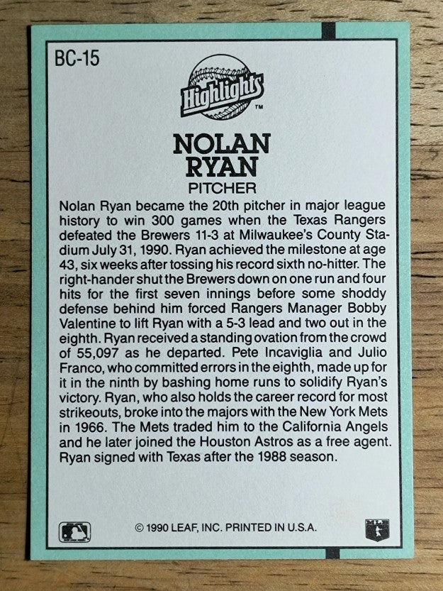 1991 Donruss Bonus Cards #BC15 Nolan Ryan 300W