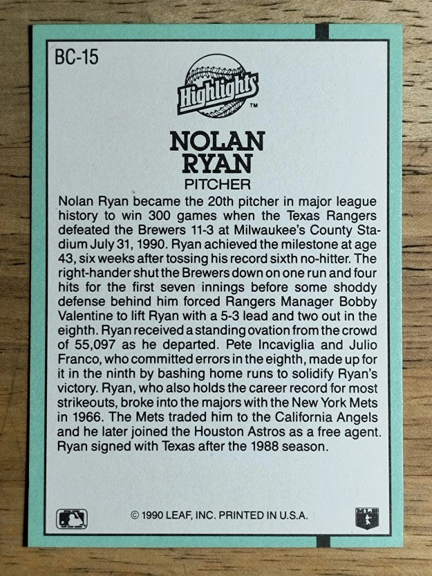 1991 Donruss Bonus Cards #BC15 Nolan Ryan 300W