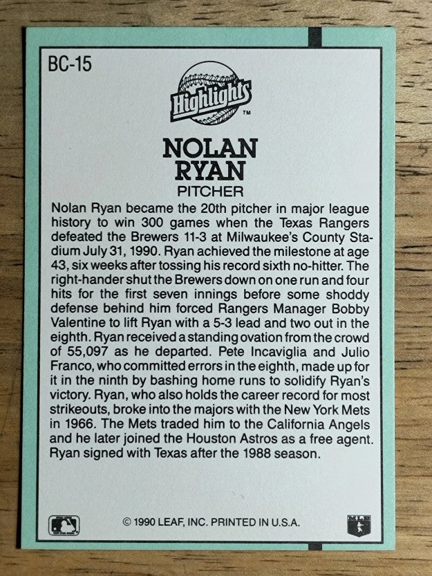 1991 Donruss Bonus Cards #BC15 Nolan Ryan 300W