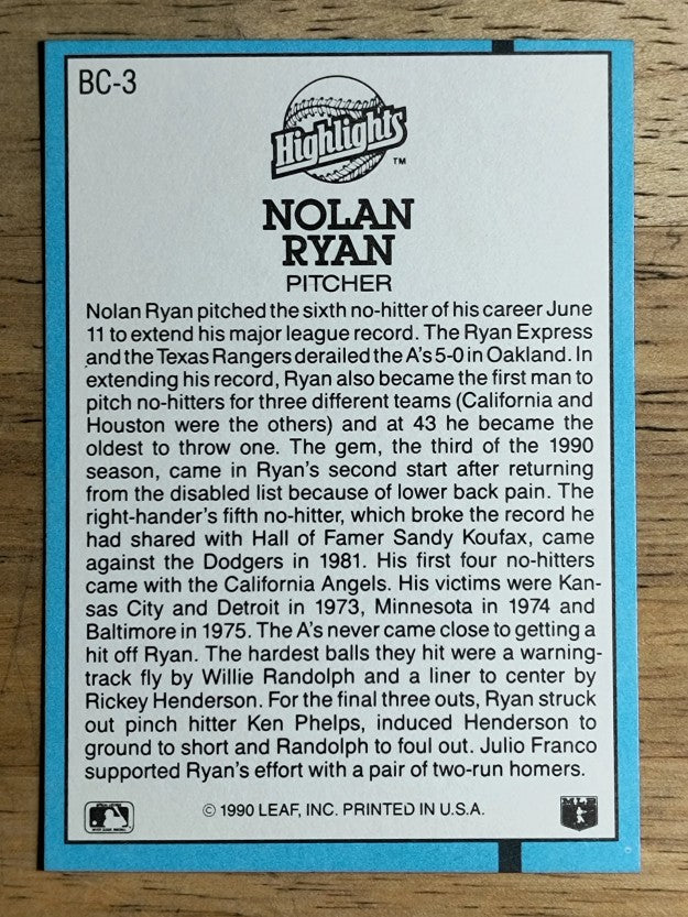 1991 Donruss Bonus Cards #BC3 Nolan Ryan NH