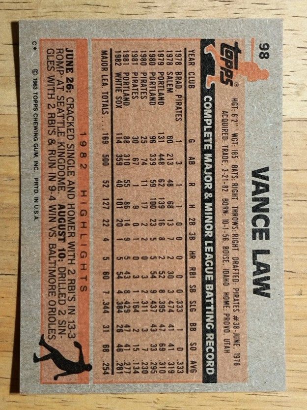 1983 Topps #98 Vance Law