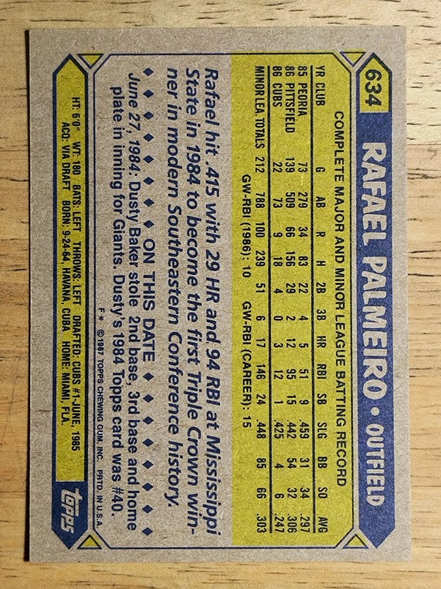 1987 Topps #634 Rafael Palmeiro RC