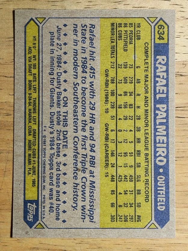 1987 Topps #634 Rafael Palmeiro RC