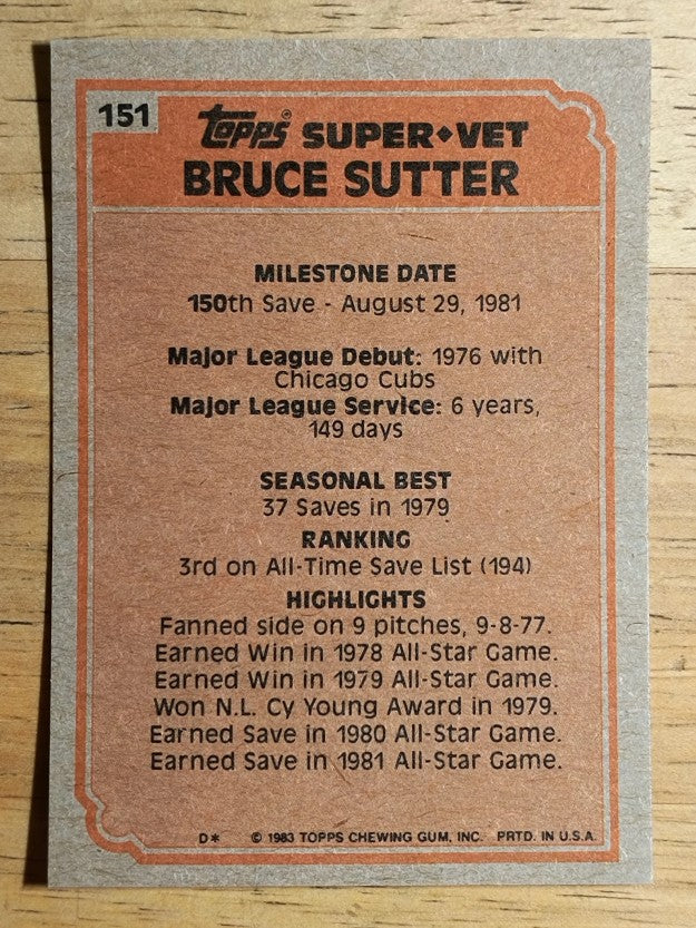 1983 Topps #151 Bruce Sutter SV