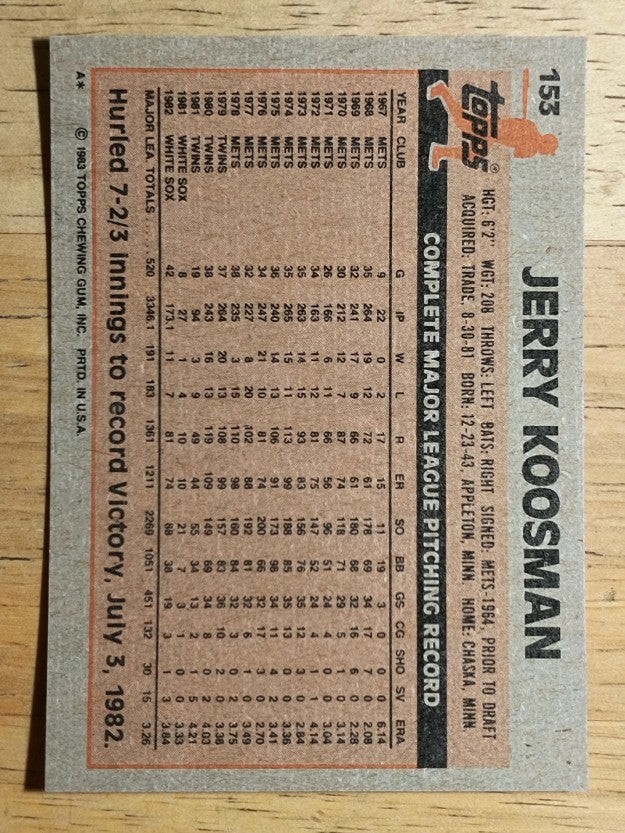 1983 Topps #153 Jerry Koosman