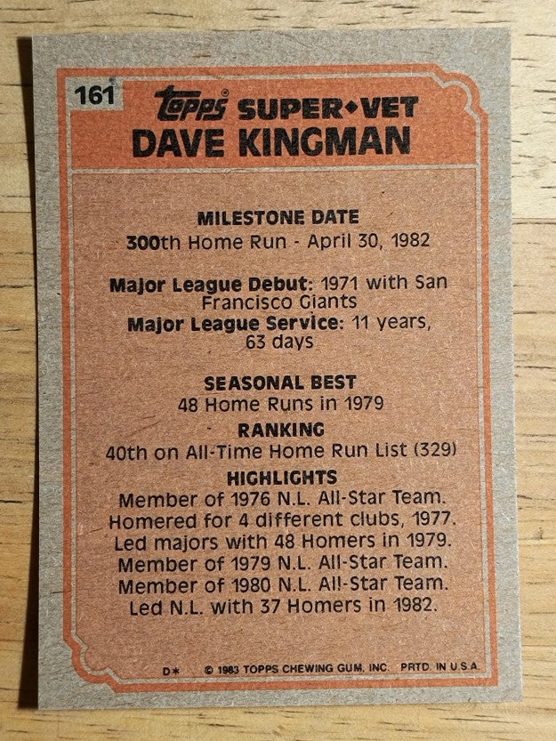 1983 Topps #161 Dave Kingman SV