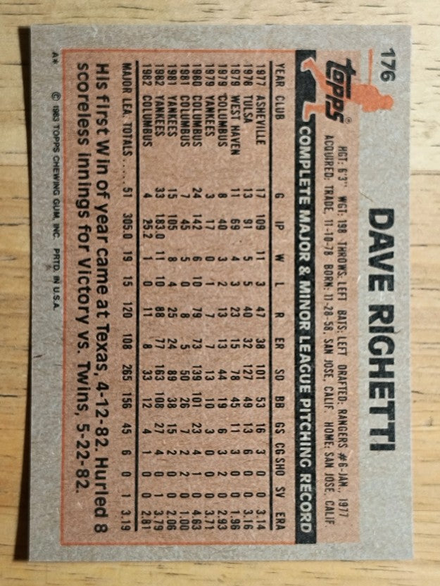 1983 Topps #176 Dave Righetti