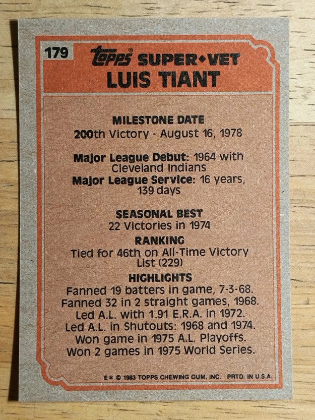 1983 Topps #179 Luis Tiant SV