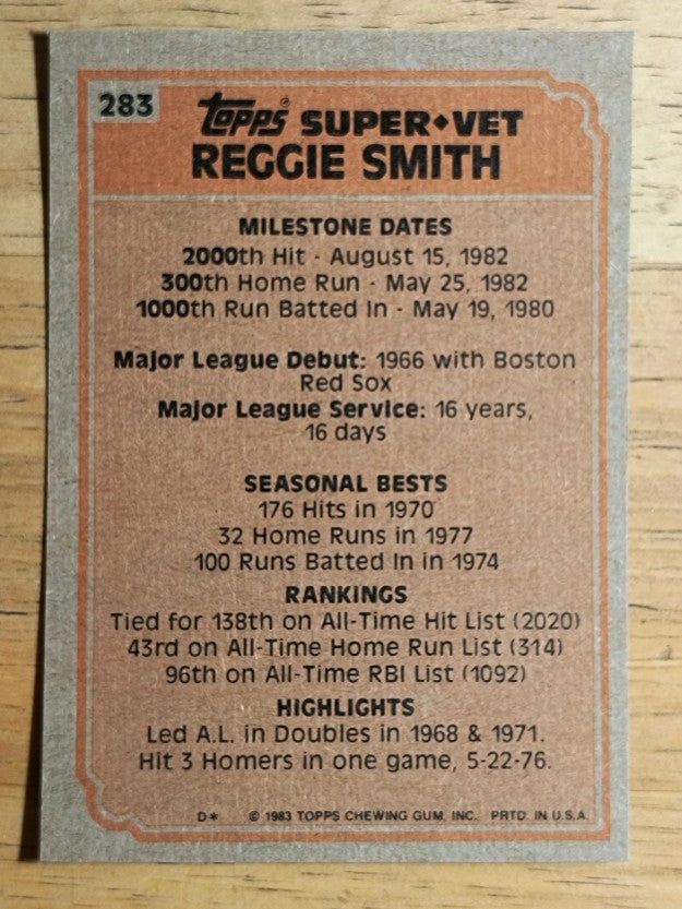 1983 Topps #283 Reggie Smith SV