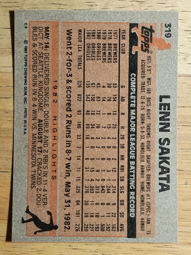 1983 Topps #319 Lenn Sakata