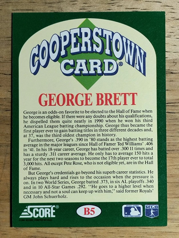 1991 Score Cooperstown #B5 George Brett