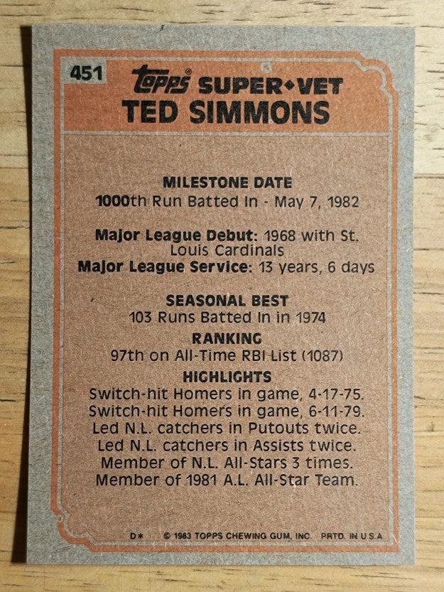 1983 Topps #451 Ted Simmons SV