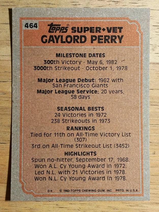 1983 Topps #464 Gaylord Perry SV