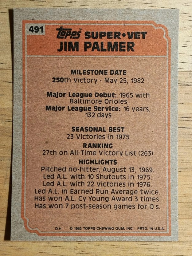 1983 Topps #491 Jim Palmer SV