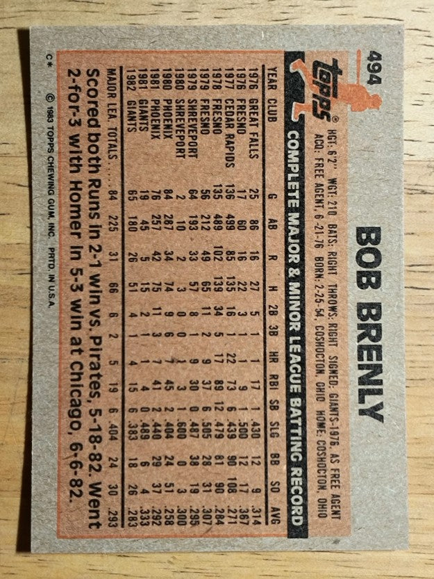 1983 Topps #494 Bob Brenly