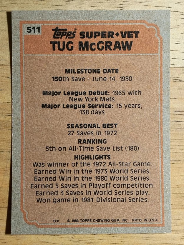 1983 Topps #511 Tug McGraw SV