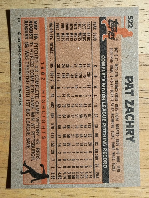 1983 Topps #522 Pat Zachry