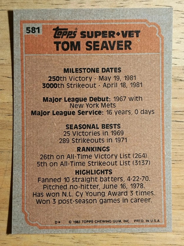 1983 Topps #581 Tom Seaver SV