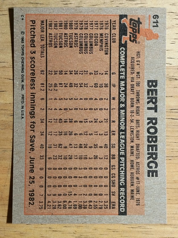 1983 Topps #611 Bert Roberge