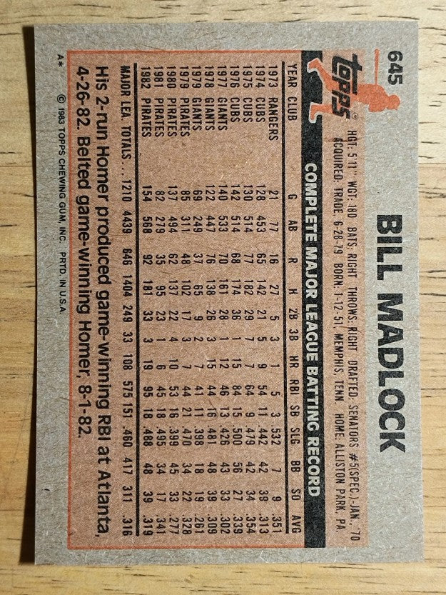 1983 Topps #645 Bill Madlock
