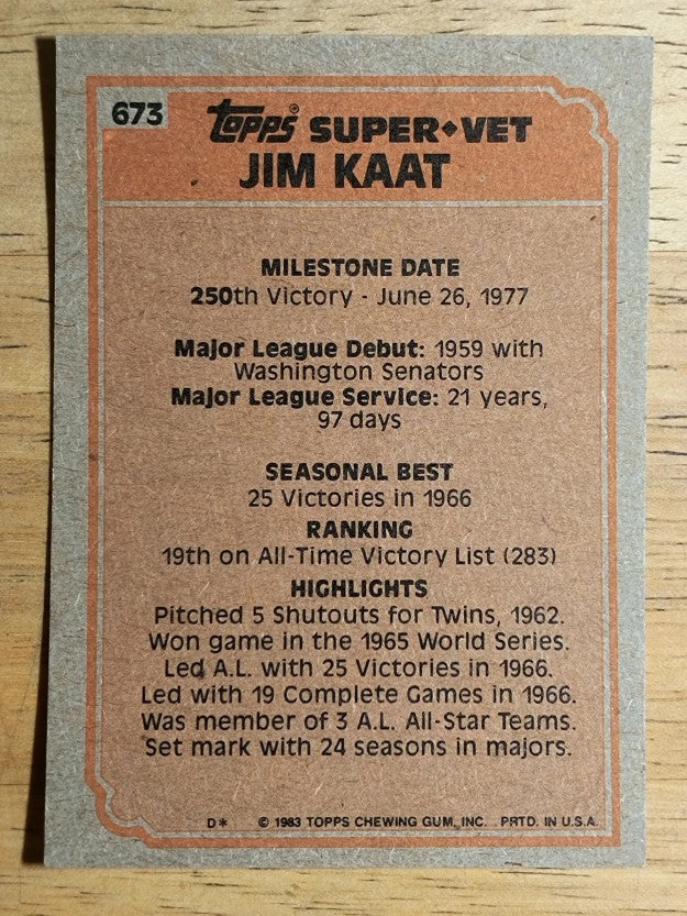 1983 Topps #673 Jim Kaat SV